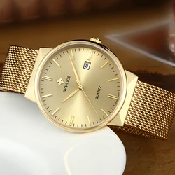 2022 Fashion Wwoor Top Brand Men Simple Slim Watches Luxury Gold Steel Mesh Ultra Thin Waterproof Date Wrist Watch Golden Clock