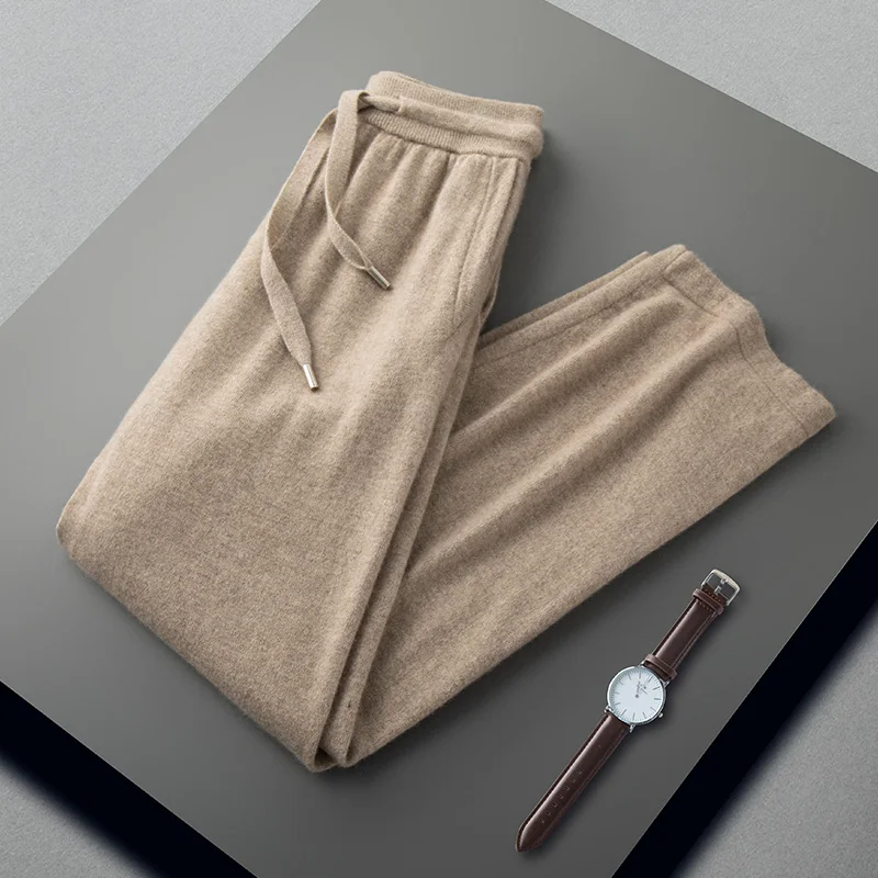 100% Cashmere Sweater Men\'s Knitted POLO Collar Pullover Casual High Waisted Knitted Straight Leg Pants Winter Warm Menswear