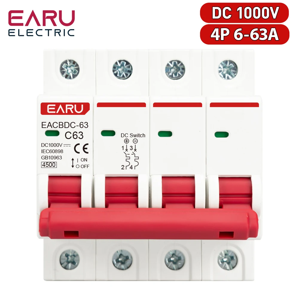 DC 1000V 4P Solar Mini Circuit Breaker Overload Protection Switch 6A 10A 16A 20A 25A 32A 40A 50A 63A Photovoltaic PV System MCB