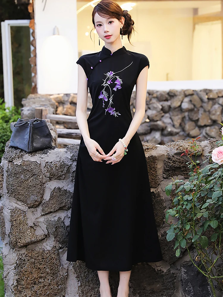 Zomer Zwarte Bloemen Korte Mouw Stand Kraag Jurk Vrouwen Vintage Hepburn Luxe Jurk 2025, Elegante Bodycon Fesitval Lange Jurken