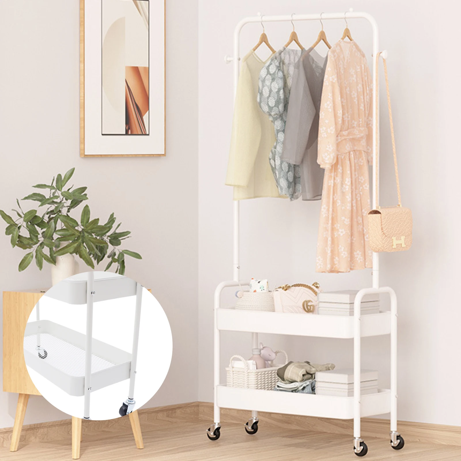 Imagem -03 - Garment Rack Rack de Roupas com Tier Metal Basket Rolling Storage Cart Coat Rack Storage Stand on Wheels 2-in