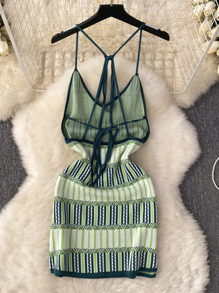 Women's Green Striped Dress Vintage Off Shoulder Sleeveless Lace-up Mini Dresses Y2k Party Club One Piece Frocks 2000s Clothes