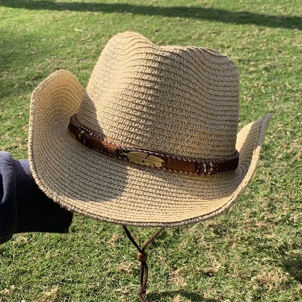 خمر الصيف قبعات رعاة البقر الغربية القبعات المشي لمسافات طويلة عطلة القش راعية البقر قبعة واسعة حافة السفر واقية من الشمس قناع قبعة للنساء الرجال #3