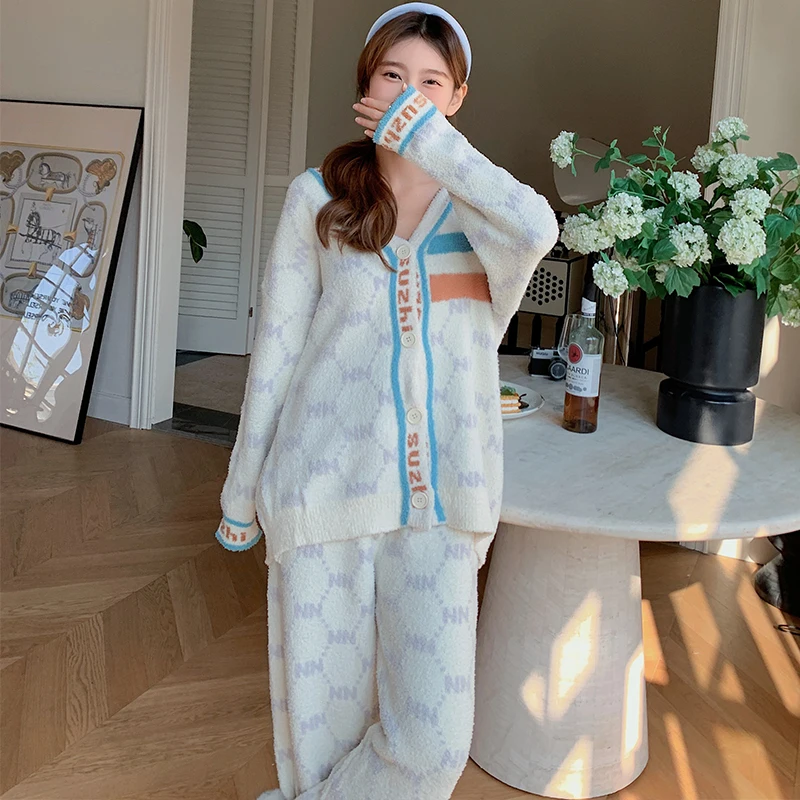 

Women's Set Autumn Sweet Niche Contrast Color Cardigan Cardigan Two-Piece Pajamas