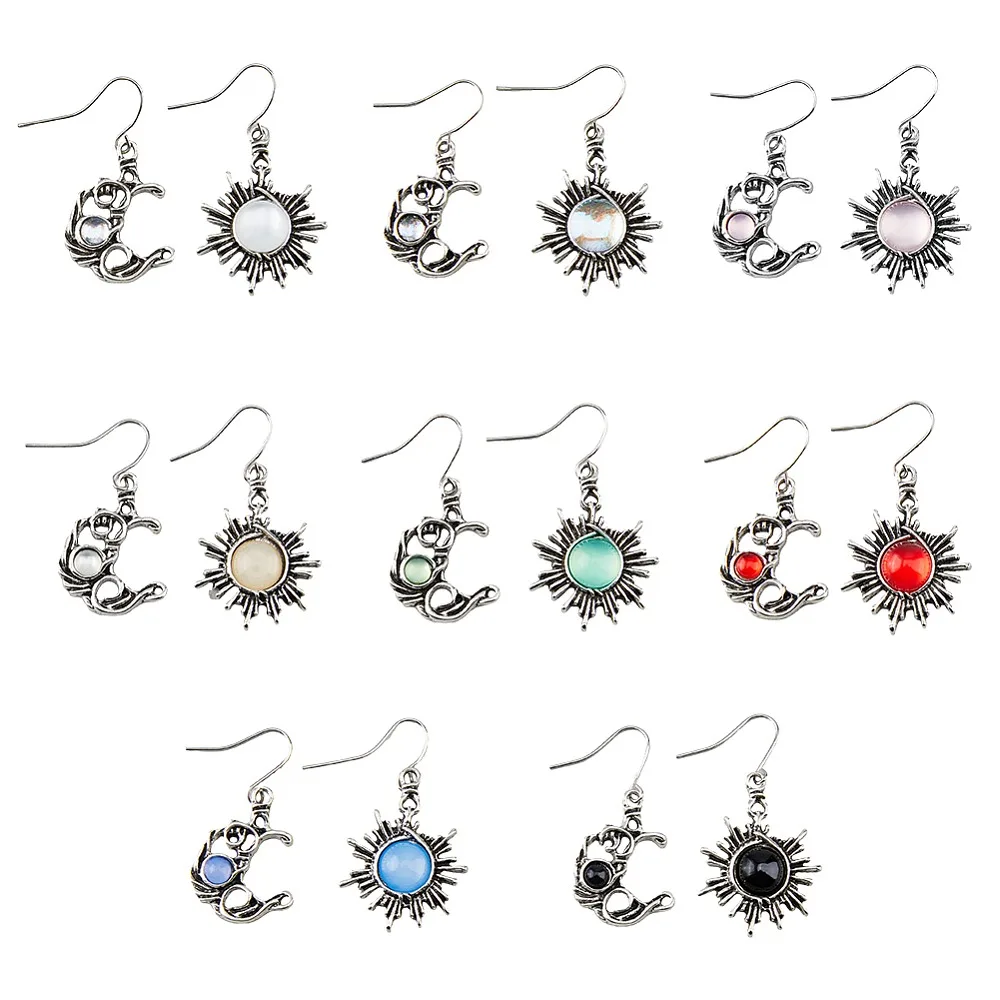 

8 Sets 8 Colors Sun Moon Glass Asymmetrical Earrings Silver Alloy Dangle Stud Earrings with Iron Pins Mixed Color 45.5x24mm