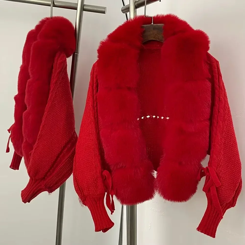 

Fur Coat Eco-friendly Fake Fur Collar Knitted Faux Fur Coat Sweater Women Autumn Oversize Cropped Cardigan Female Short Knitwear