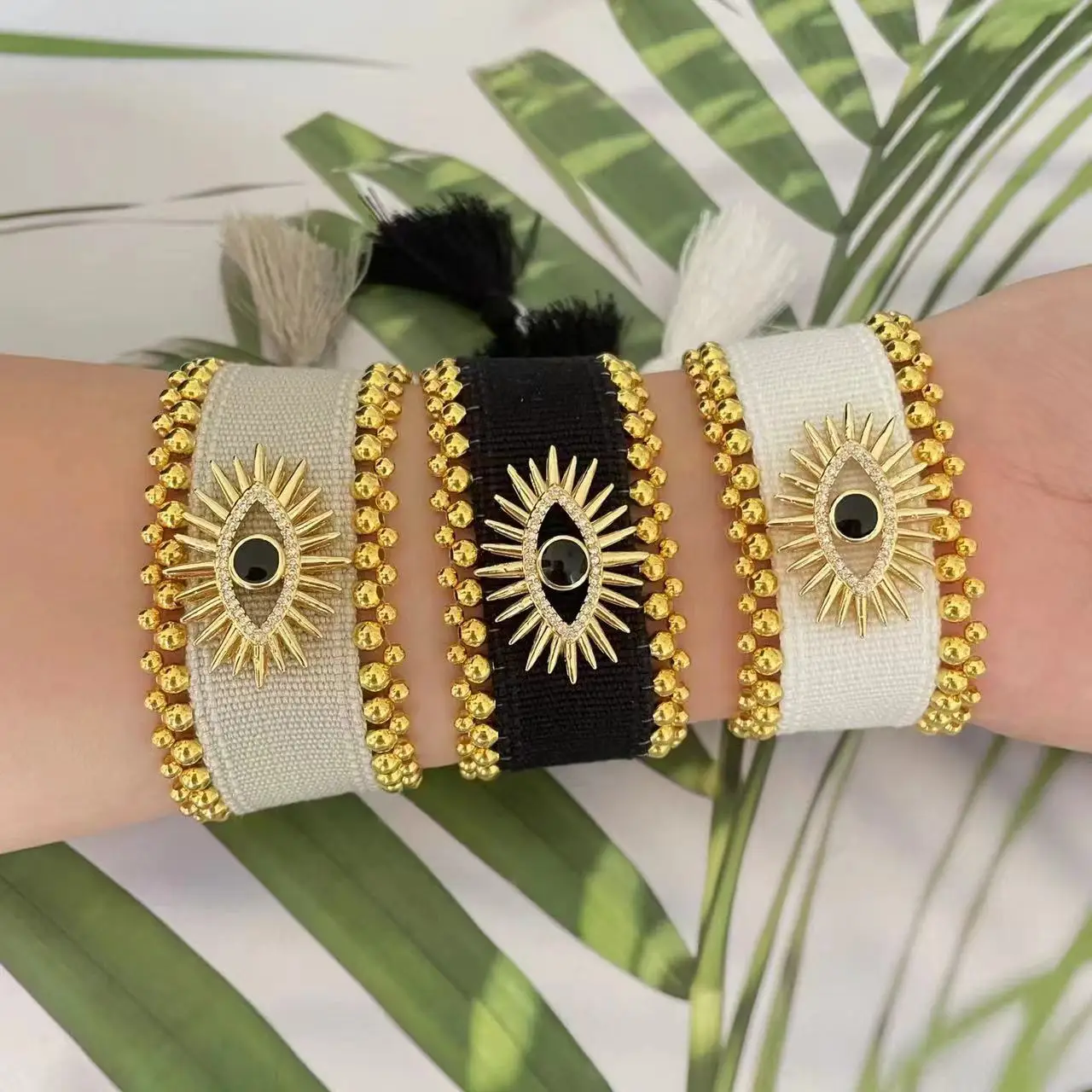 Fashion Rhinestone Black White Evil Eye Weaving Cloth Bracelets for Women Men Bohomian High Quality Devil Eye Bracelet Jewelry
