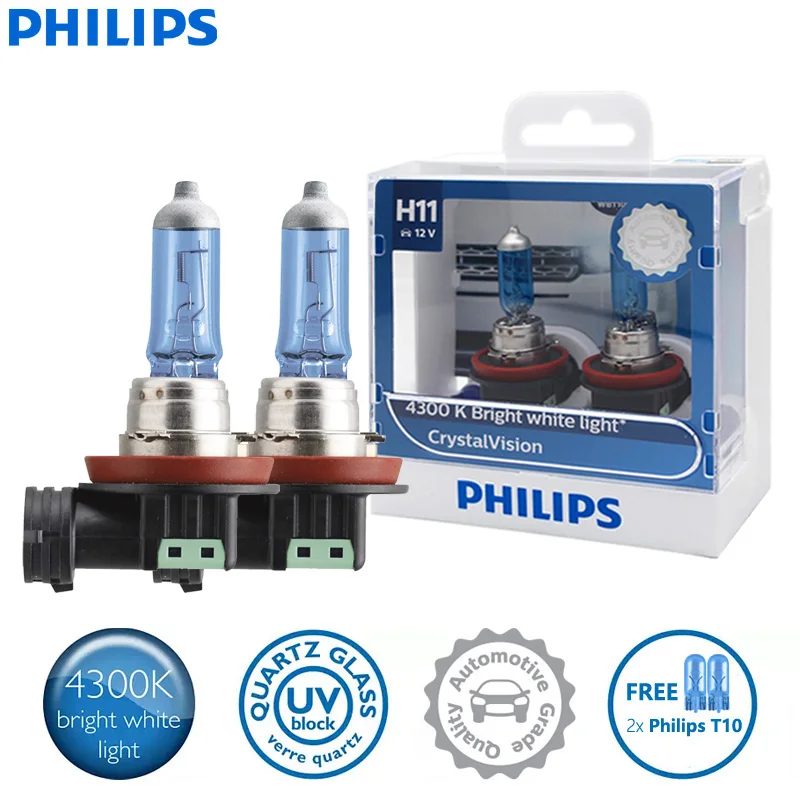 2X Philips H11 12V 55W PGJ19-2 Crystal Vision 4300K Bright White Light Halogen Headlight Car Bulbs with 2x T10 bulbs 12362CVSM