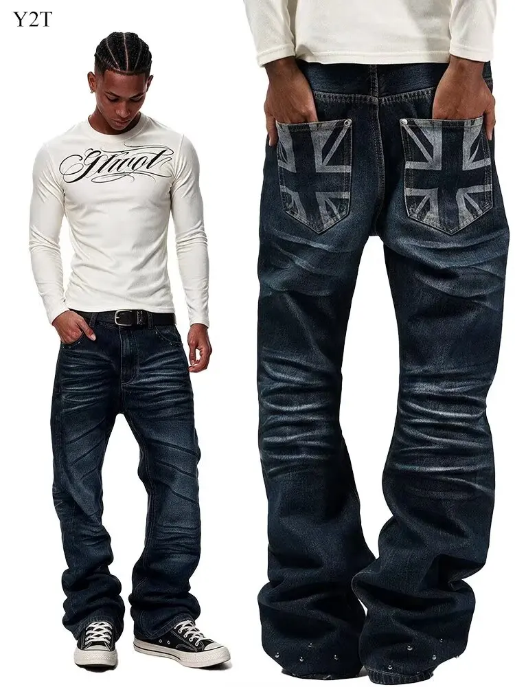 New Retro Double Waisted Lace Up Micro Flared Men Pants Streetwear Y2K Washed High-Quality Design Sense Men and Women Jeans