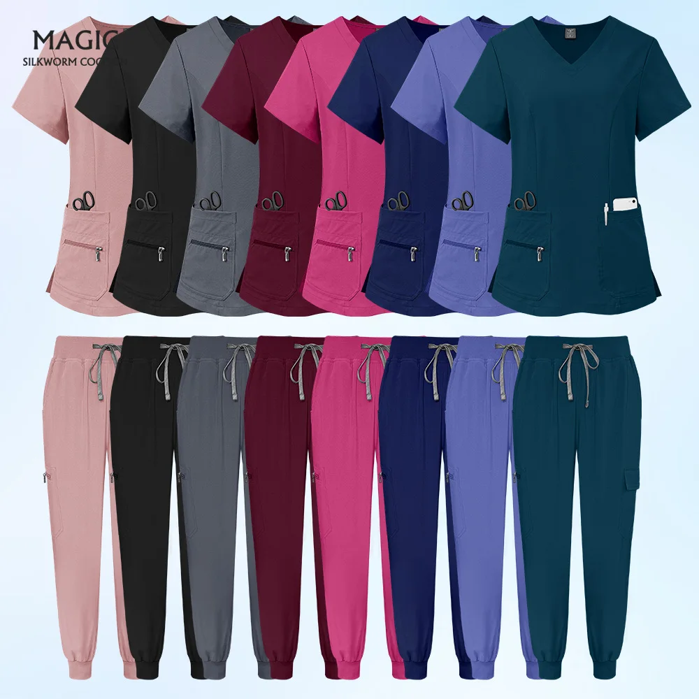 Scrubs Uniform Suit Hospital Doctor Costume Women Health Service Worker Nursing Surgery Set Solid Color Bauty Salon Work Clothes