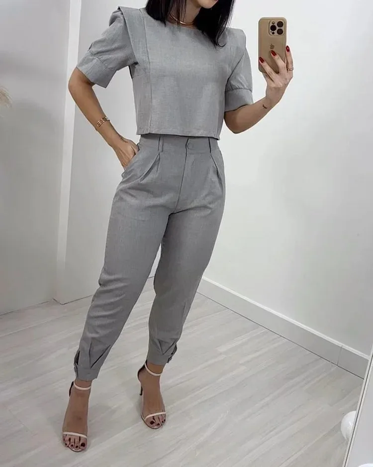 Two Piece Sets Women Pants Set Casual Slim Fit Light Gray Round Neck Short Sleeve High Waist Straight Long Pants Elegant Splice