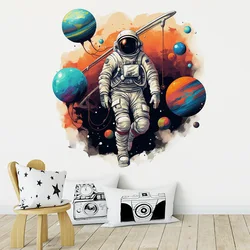Gorgeous Space Planet Galaxy Astronaut Wall Stickers Astronaut Walking in Outer Space Wallpaper for Boys Room Kids Bedroom Decor