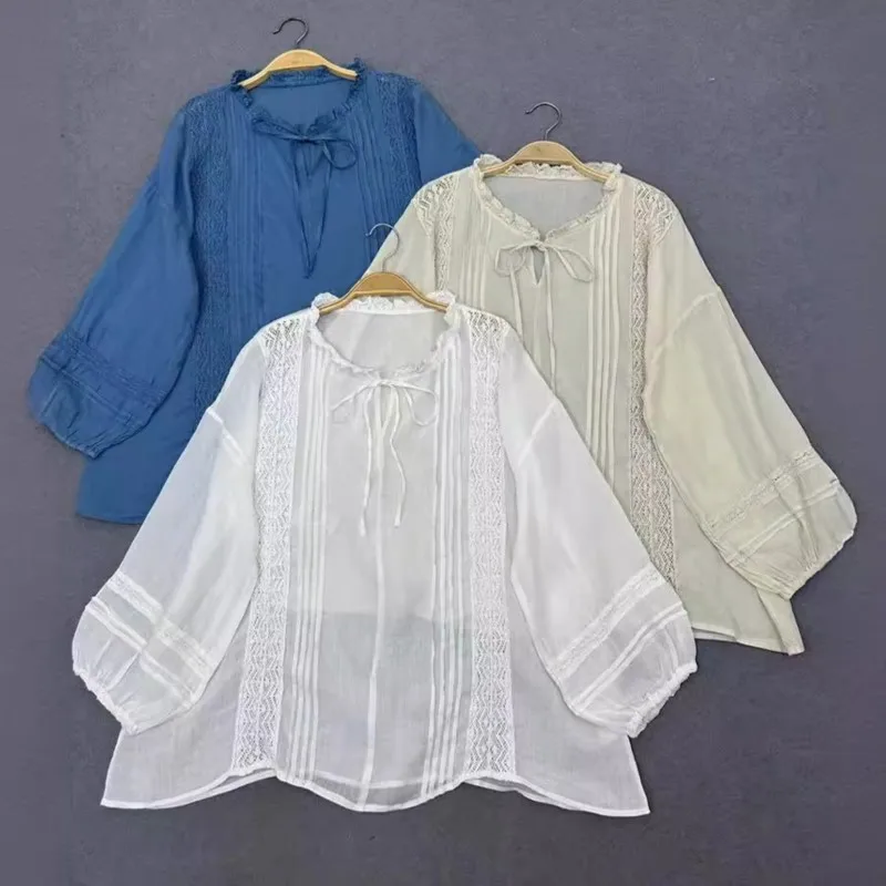 Johnature-camisa ramie fina e solta vintage feminina, babados casuais, renda em retalhos, manga 9 quartos, tops para primavera e verão, nova, 2024