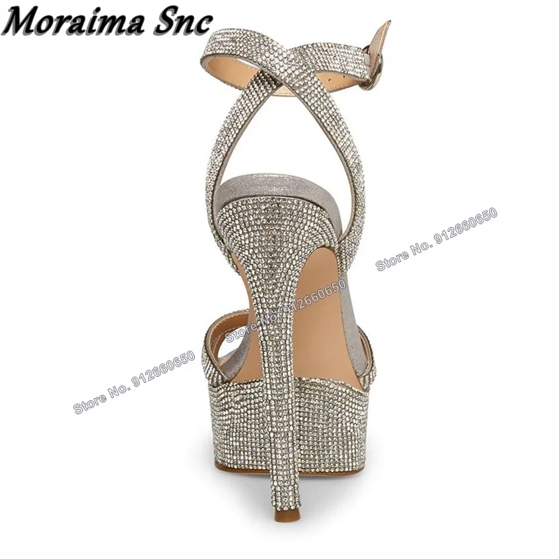 Moraima Snc Band Decor Crystal Platform Sandals Open Toe Stilettos Heels Ankle Buckle Sandals High Heels Wedding Shoes on Heel