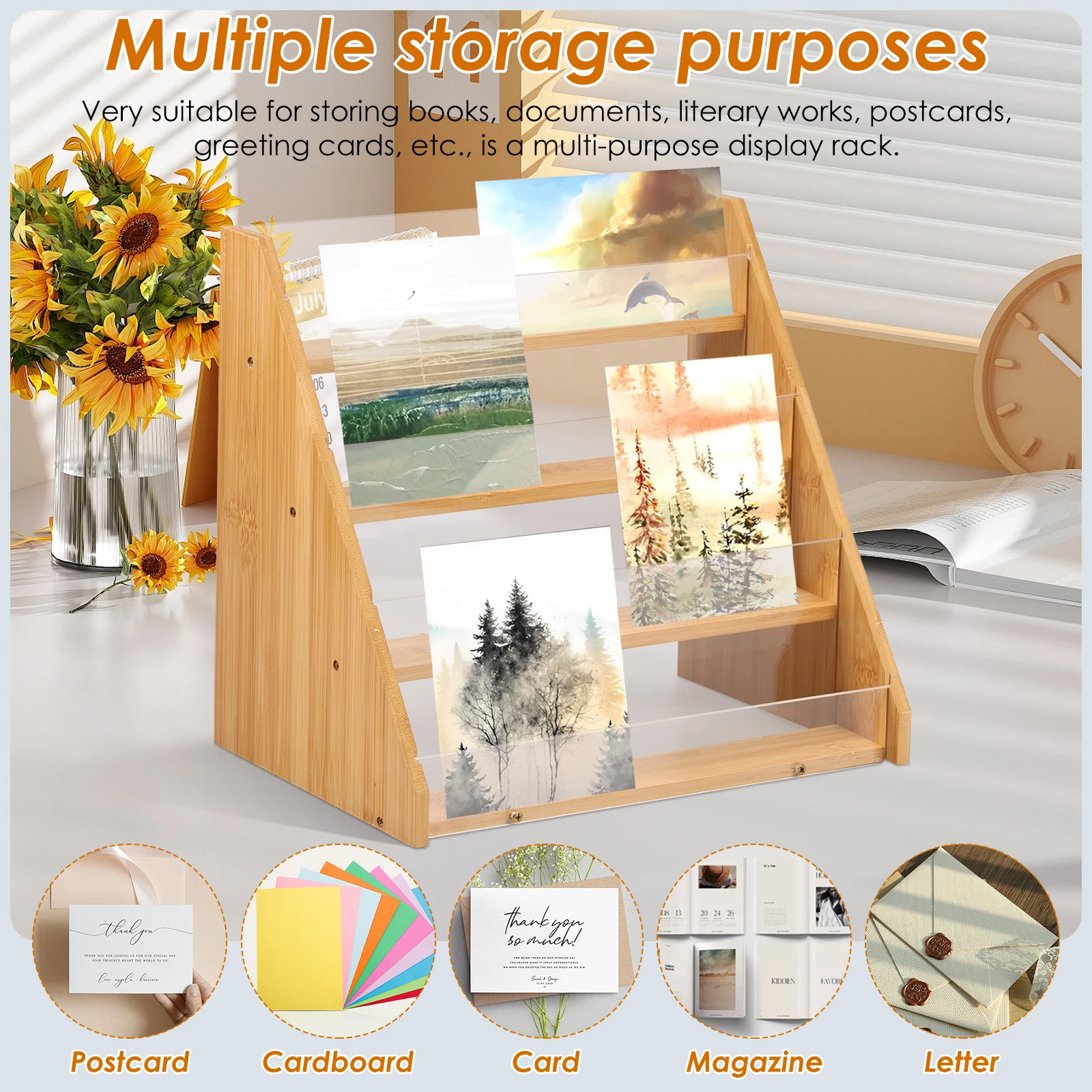 Greeting Card Display Stand Wooden Greeting Card Holder 4-Tier Bamboo Acrylic Greeting Card Display Stand for Photos Postcards