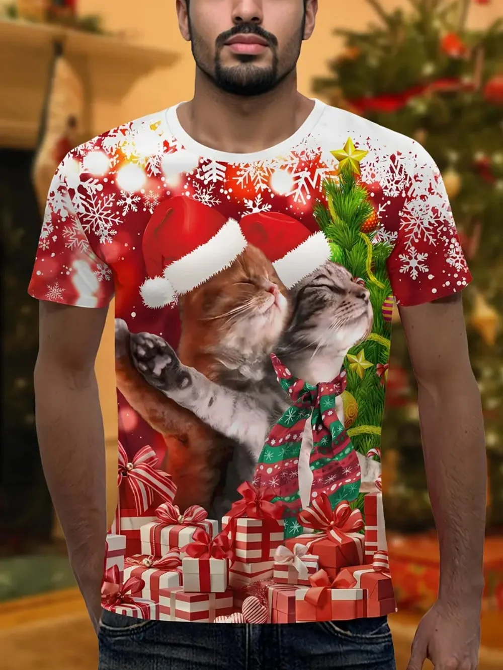 

Christmas Men's T-Shirts Cute Santa Claus Print Summer Men Short Sleeve Tee Loose Y2k O-Neck Top Holiday Casual Men's Clothing