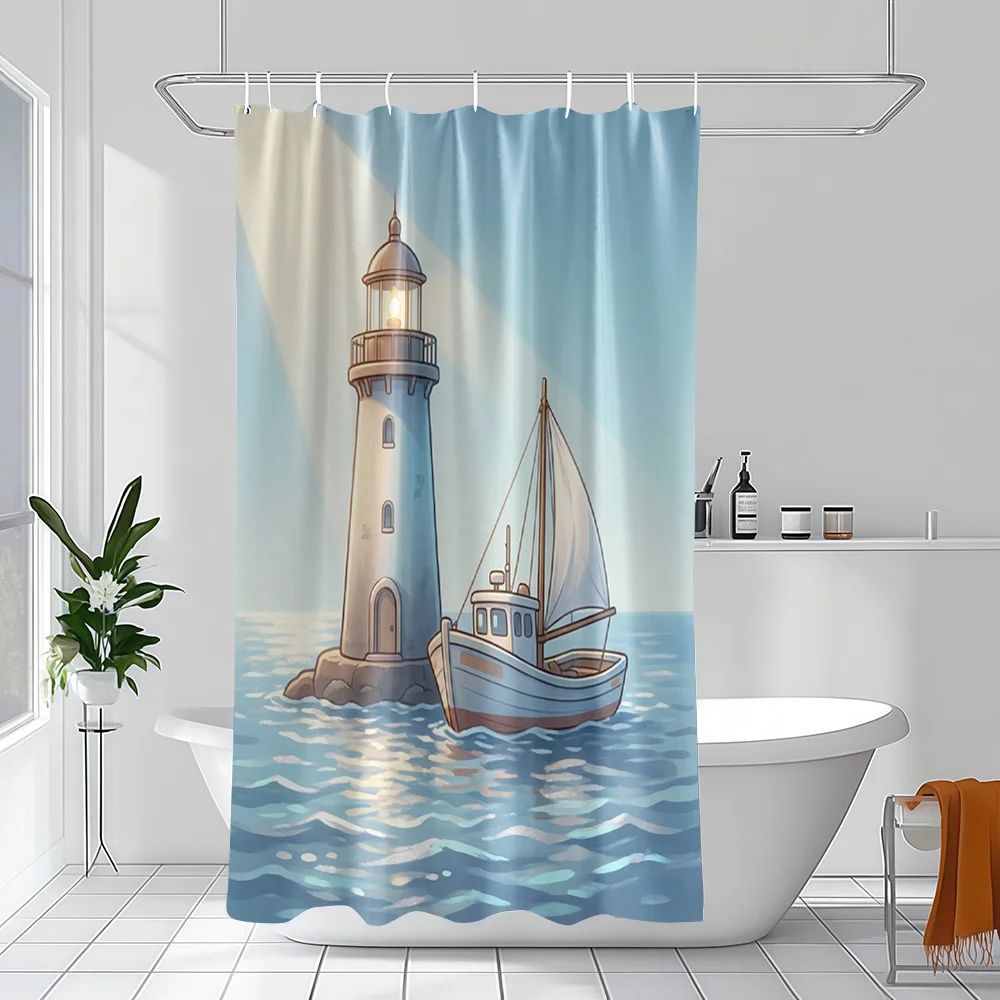 Lighthouse Sailboat Shower Curtain, Nautical Ocean Sea View Print, Coastal Bathroom Decor, Waterproof Polyester Fabric Home Gift