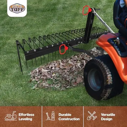 3-Point Pine Straw Rake, 26 Spring Steel Tines, Black, 60 Inch Fits Category 1 Hitch, Coils Flex on Impact, Coated Finish Fits