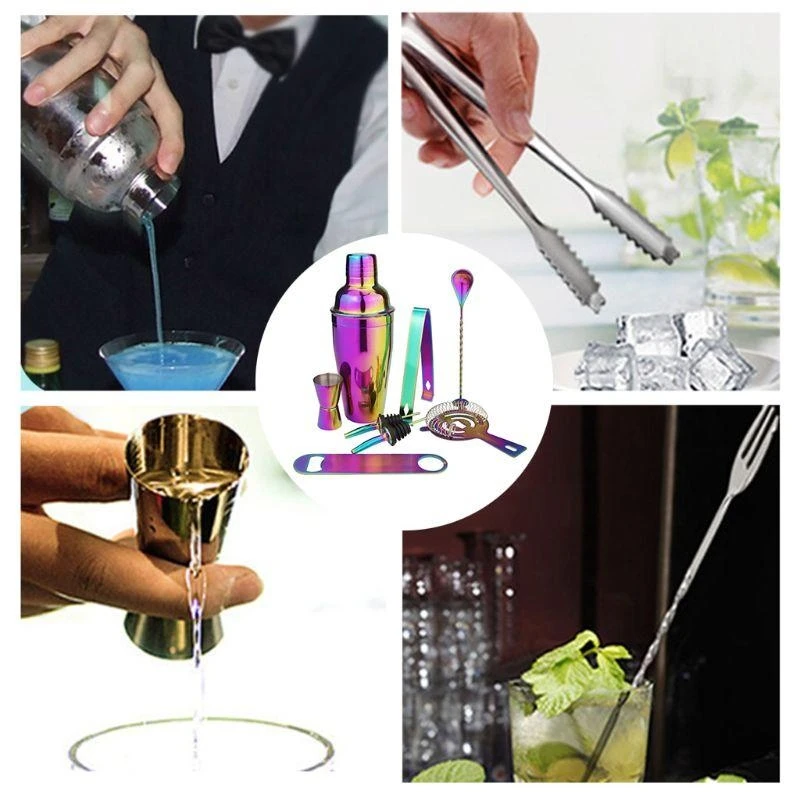 

547F 8pcs Colorful Stainless Steel Cocktail Wine Shaker Set Bartender Cocktail Whisk