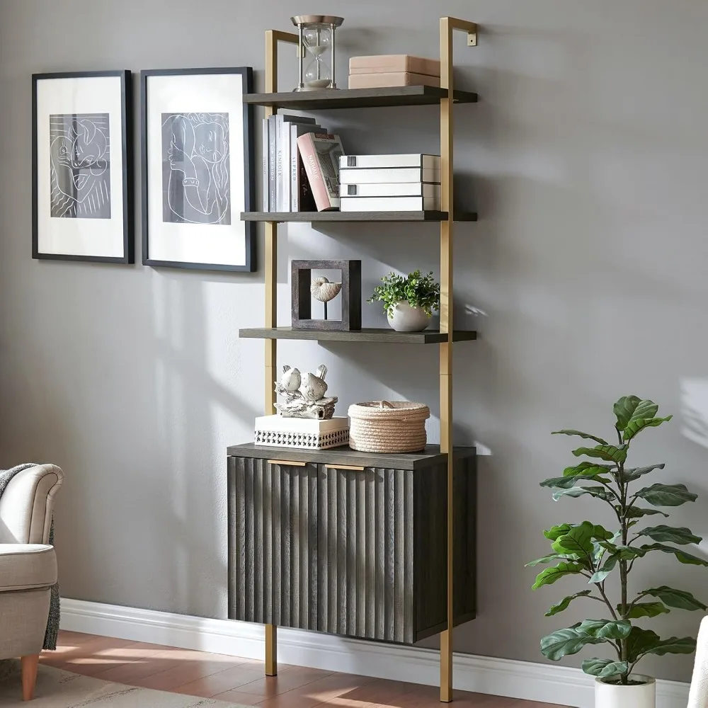 High bookshelves with cabinets, ladder 5-tier open bookshelves, wall-mounted bookshelves with display shelves