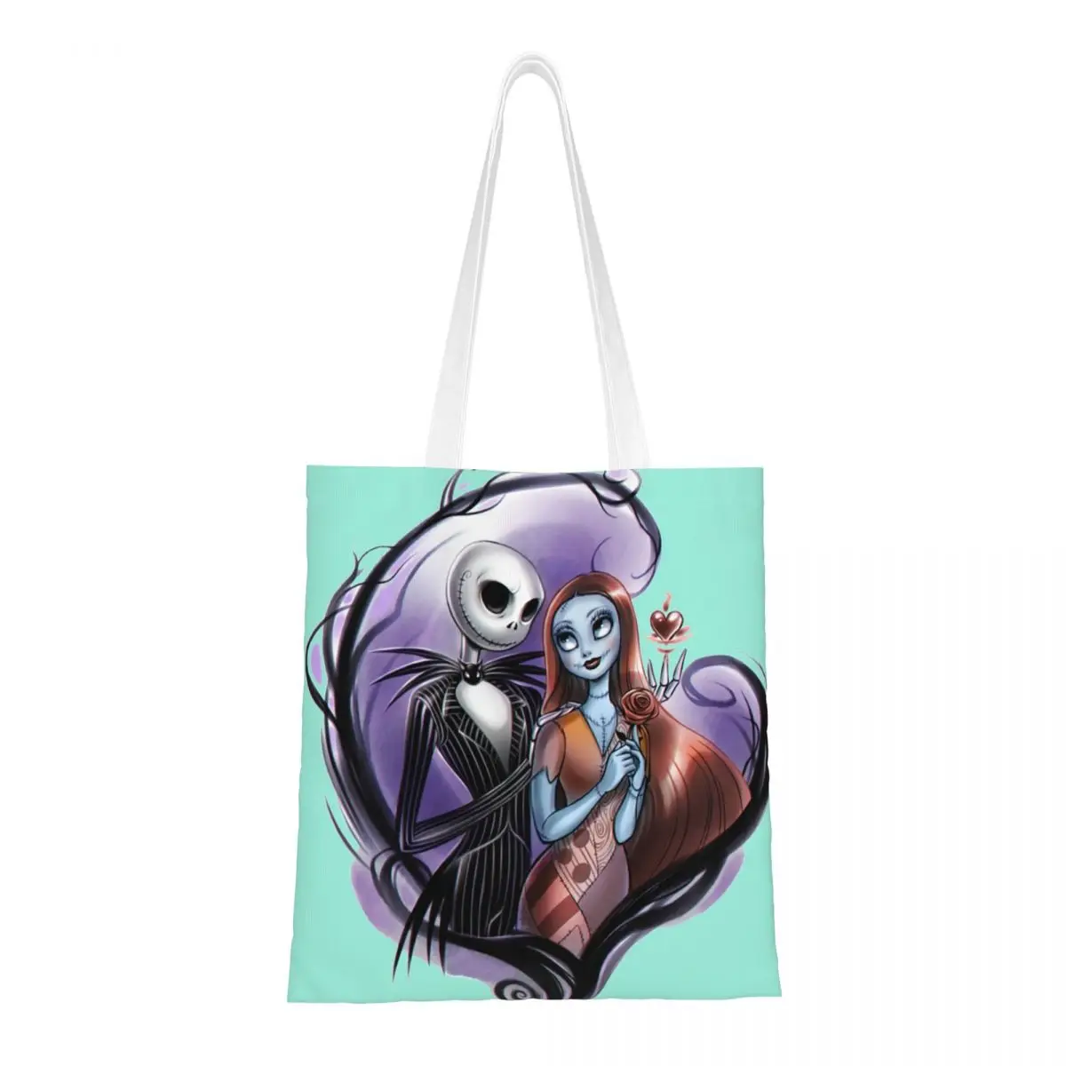 Custom Halloween Skull Jack Sally Shopping Bags Canvas Shopper Shoulder Tote Bags Large Capacity Tim Burton Christmas Handbag