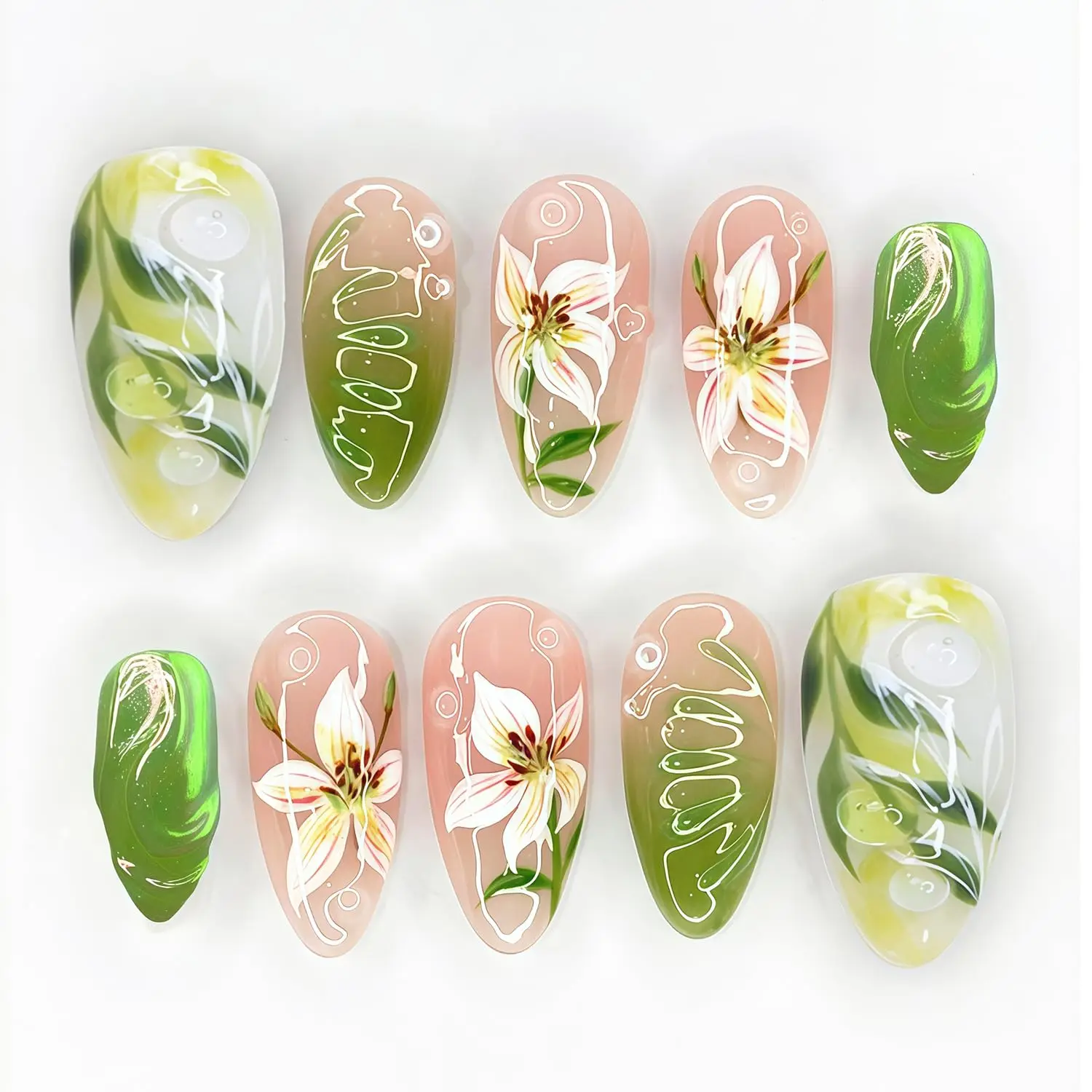

Green Press on Nails Medium Almond Fake Nails with 3D Pearl Rhinestones Spring Summer Acrylic Glue on Nails Flower False Nails