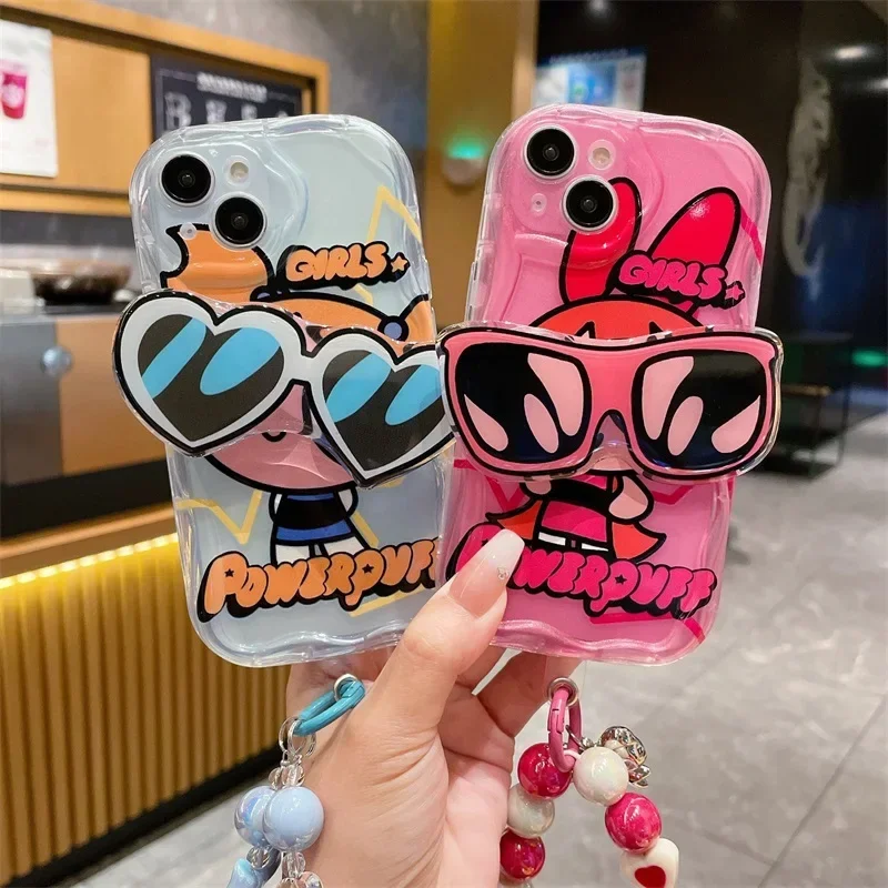 Cute Powerpuff Girls Sunglasses Stand Bracelet Phone Case For iPhone 15 14 13 12 11 Pro Max 7 8 Plus Case