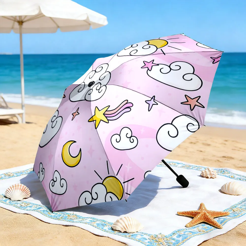 1PC Whimsical Pink Umbrella with Cloud and Star Design Print 8 Iron Ribs Folding Umbrella Auto-Open Fashion Sunshade