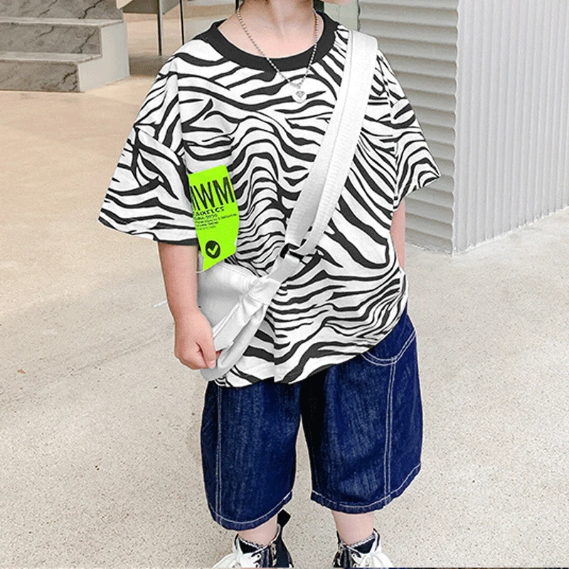 

2023 Summer New Tie Dye Printed Cotton Short Sleeve Round Neck Kids Loose Thin Japanese Korean Version Boys Clothing Top T-shirt