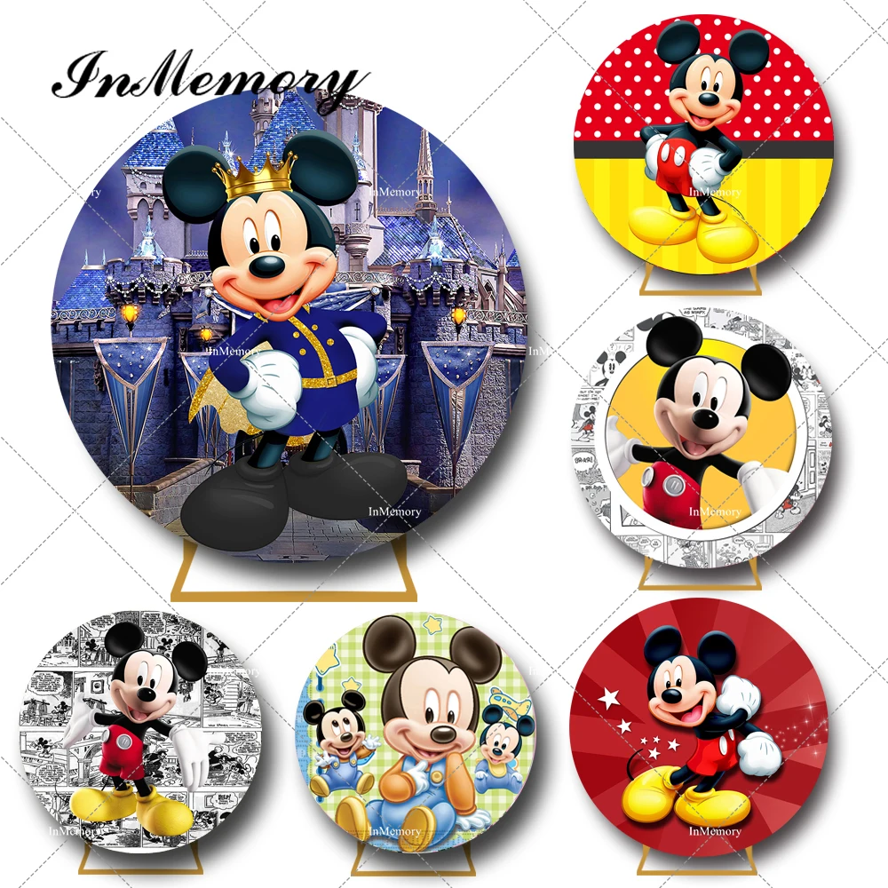 Disney Mickey Mouse Round Backdrop Crown Cartoon Boys Baby Shower Kids 1st Birthday Party Circle Photography Backgrounds Banner