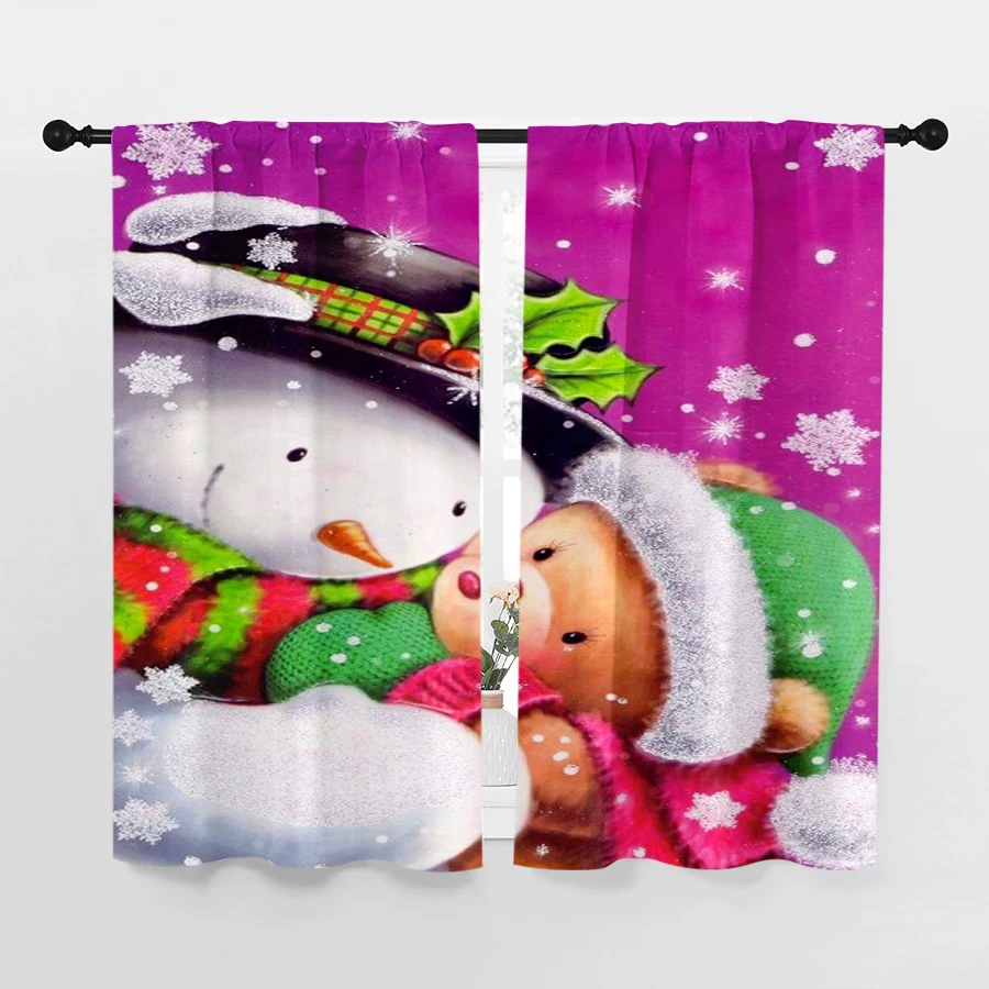 2PCS Christmas Winter Curtains, Purple Snowman, Digital Print, Bedroom Living Room Kitchen, Rod Pocket Polyester, Home Decor
