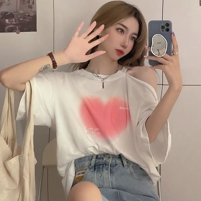 Women Clothing Off Shoulder Printing Loose Tops Summer New Short Sleeve Solid Color Hollow Out Sweet T Shirts Casual Fashion