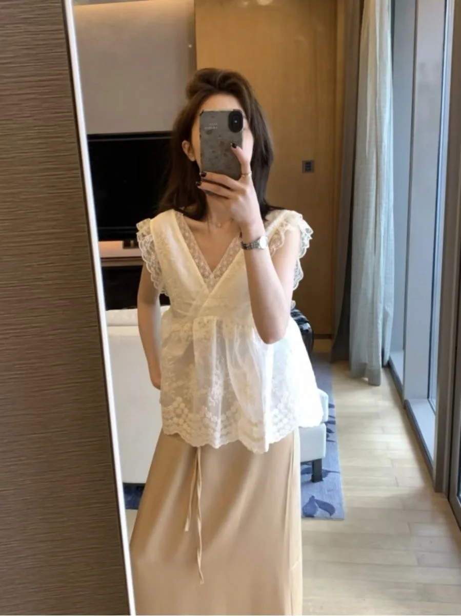 Ele Embroidered Lace Top Women's Loose Fit Cotton Polyester Blend Heavy Work Embroidery Fairy T Sle Summer Casual Wear