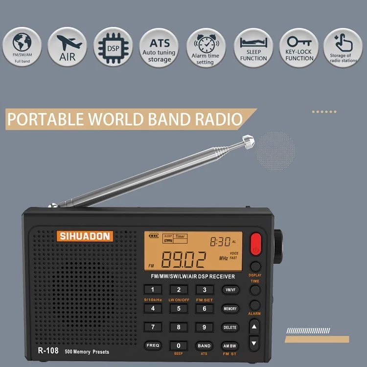 Sihuadon R108 Portable All-Wave Radio Knob Multifunctional Lcd Bancklight Display Radio Lithium Battery For Camping Home