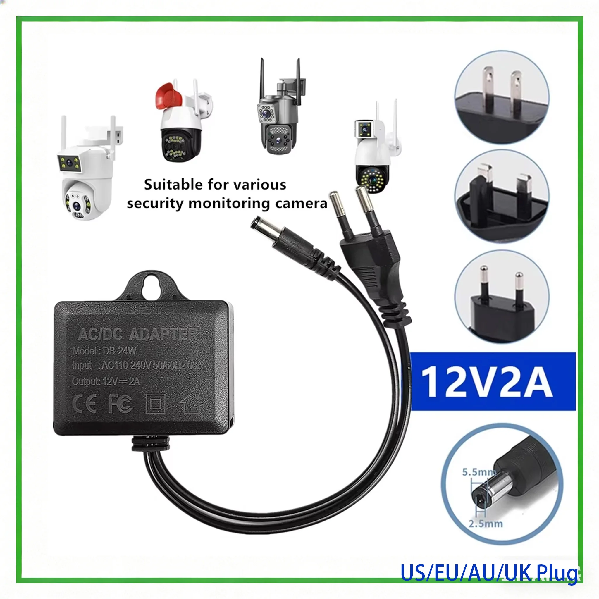 

Адаптер питания для камер видеонаблюдения AC/DC 12В 2А, водонепроницаемый, для улицы, с вилками EU, US, AU, UK, зарядное устройство для камер видеонаблюдения
