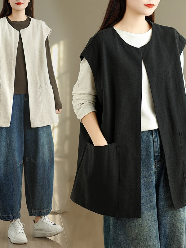 

Ele Mid-Length Open Cardigan Vest Large Size Svel Top Women's Autumn Faion Casual Loose Fit Breathable Skin-Friendly