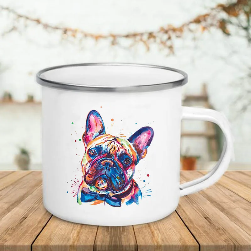 Watercolor Dog Printed Creative Coffee Cup Drinks Wine Beer Juice Milk Cups Camping Mug Handle Enamel Mugs Gifts for Lover Dogs