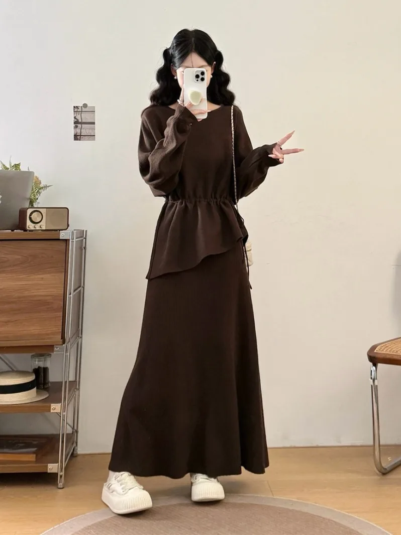 

plus Size Women's Spring New Drawstring Waist Long Sleeve Sweater Skirt Set Meat Concealing Slimming Half-length Skirt
