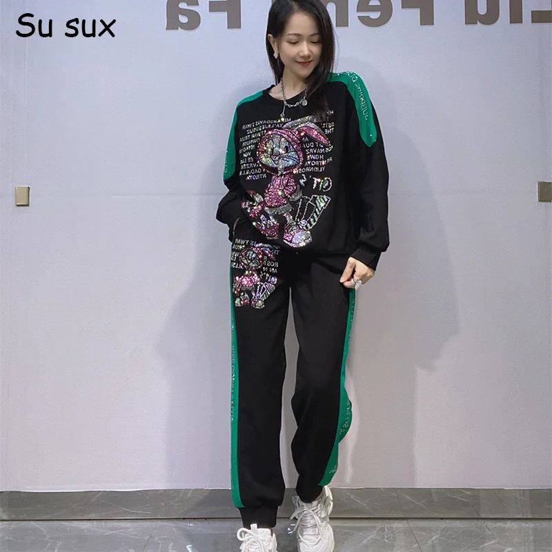 

Sequins Cartoon Rabbit Pullover&Pant Sets Woman Outfits 2025 Autumn Casual Long Sleeve Sweatershirts Matching Sets Streetwear
