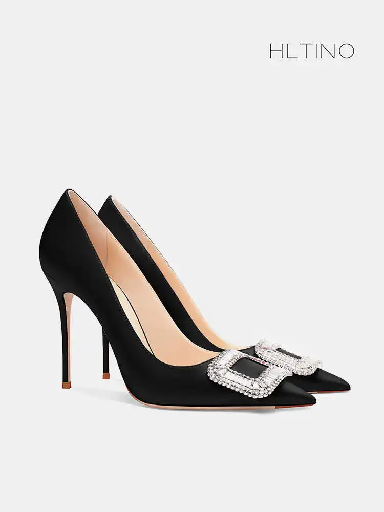 

luxury women's shoes 2025 Black satin Rhinestones Women High Heels Pointed Toe Pumps Comfortable Office Prom Ladies Shoes women