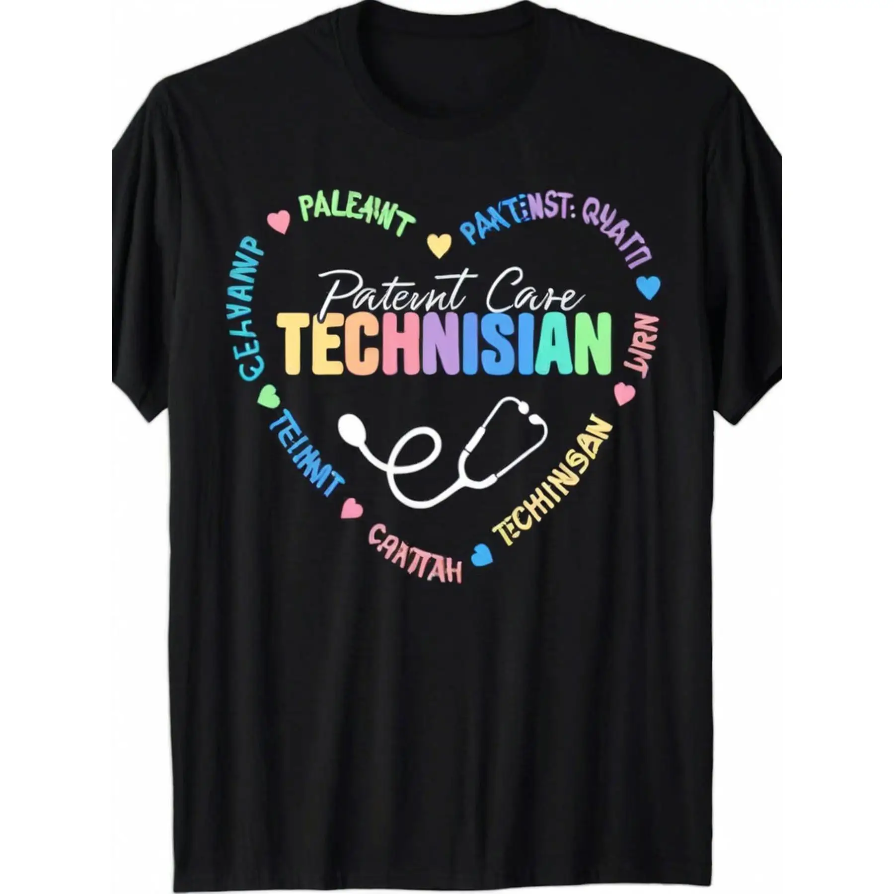 

Patient Care Technician T-Shirt Rainbow Heart Graphic Tee Unisex Casual Top for Nurse, Medical Staff, Work or Gift Idea S-3XL