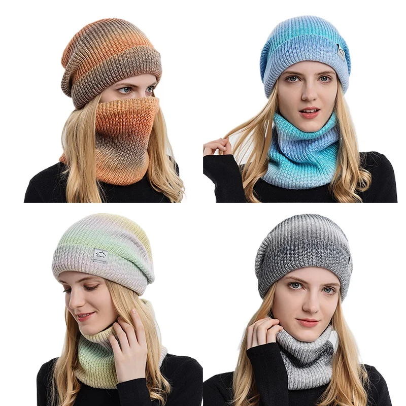 

Autumn Winter Korean Version Gradient Color Knitted Hat Thickened Warm Ear Protection Cold-Proof Beanies Two-Piece Set
