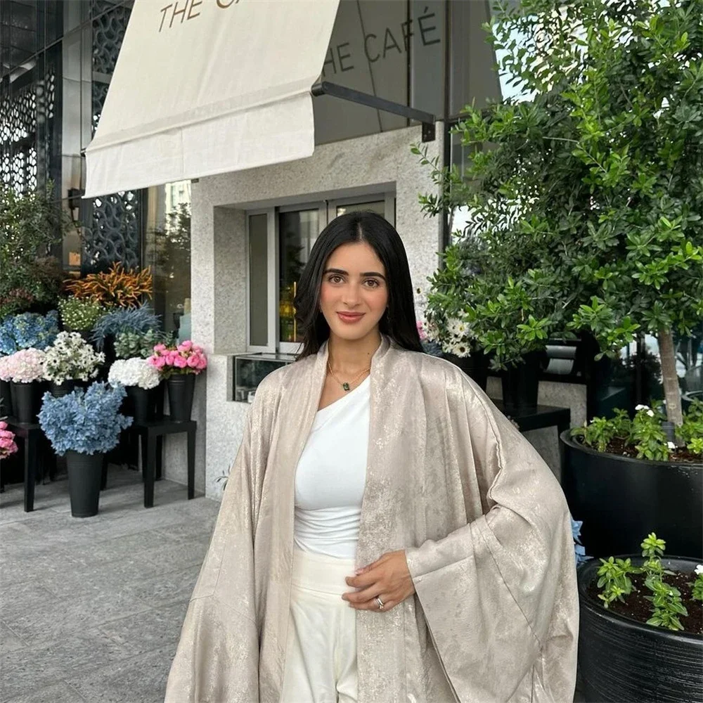 BWQ 샤이니 새틴 오픈 기모노 아바야 2025 라마단 두바이 럭셔리 무슬림 카프탄 드레스 여성 이슬람 의류 로브 펨 무슬리만