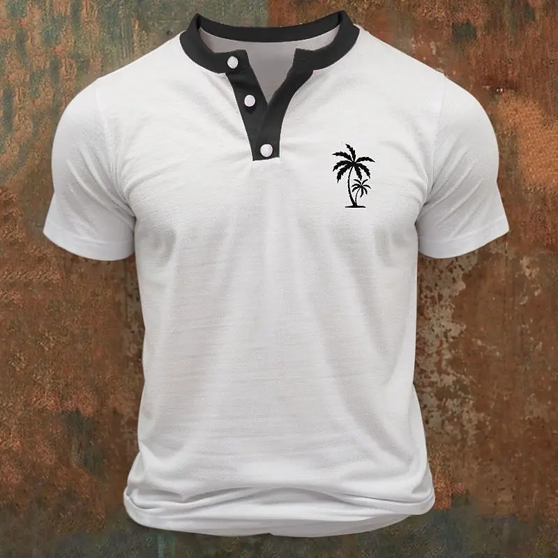 Casual Simple Men's Henley Shirts Fashion 3D Coconut Tree Print Henry Collar Short Sleeve Tees Summer Loose Clothing Trend Tops