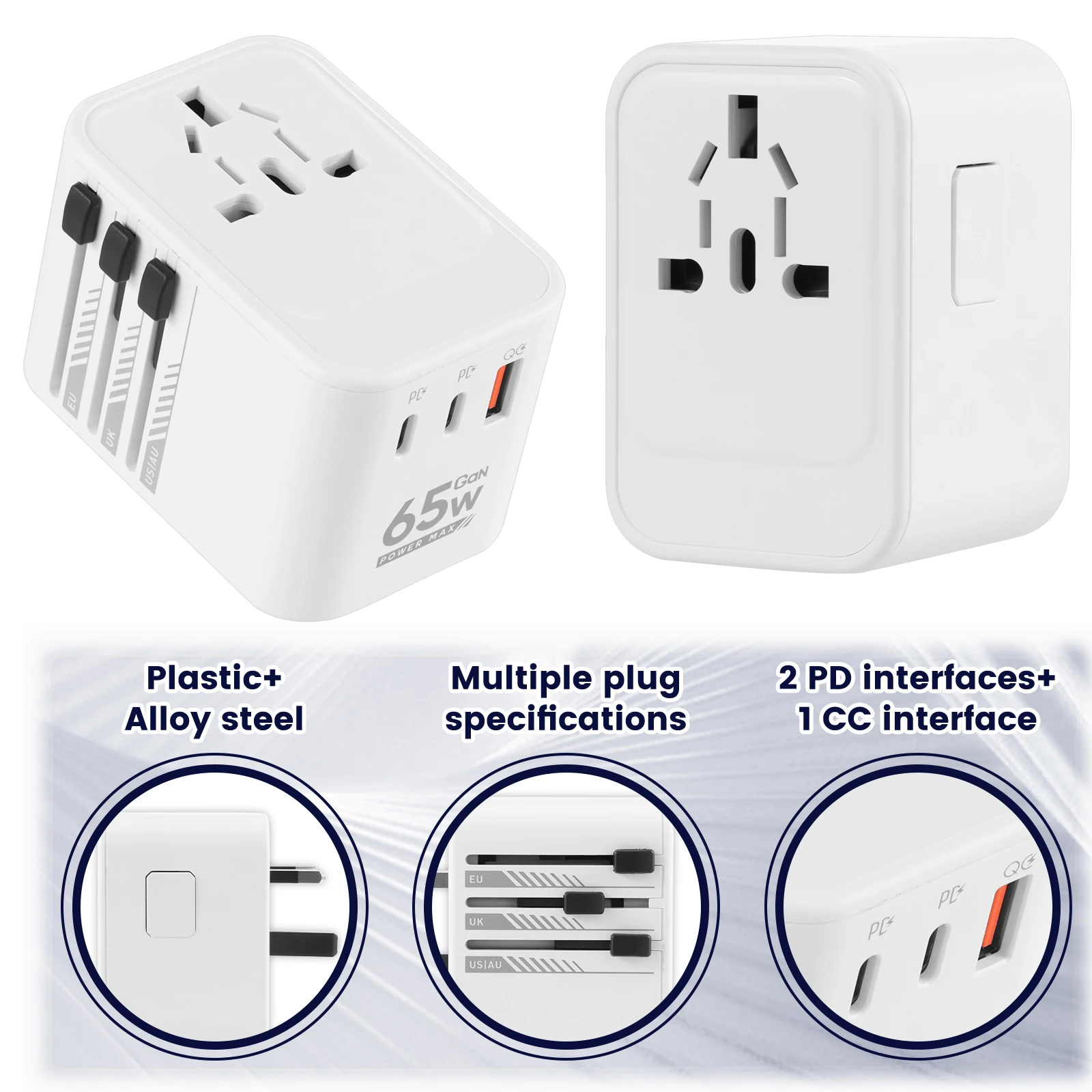 

Universal Plug Adapter International Travel Adapter with 2 USB-C Ports GaN 65W & 1 USB-A, Concerner France to USA UK EU AU