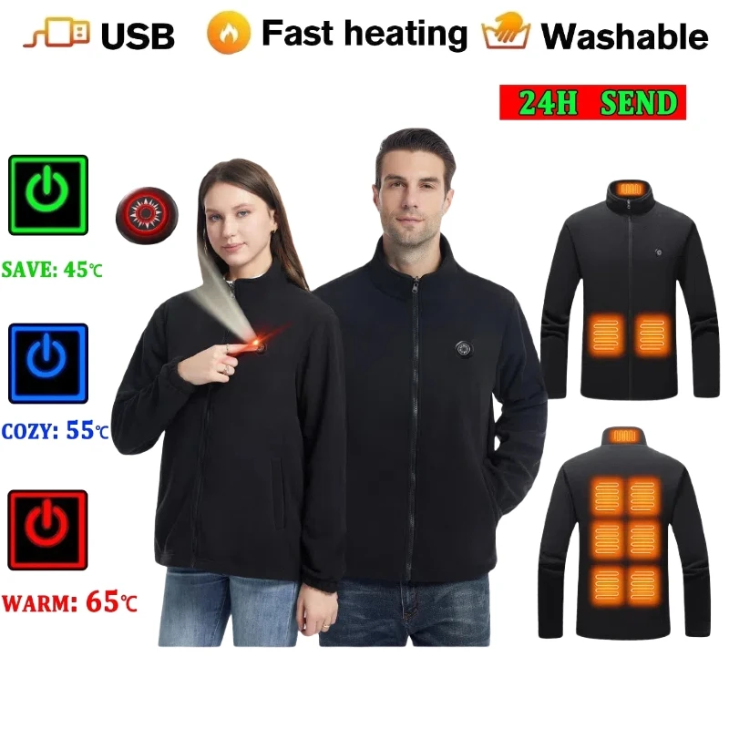 Polar Fleece Heating Jacket Single Control 9-Zone Smart Heating Jacket Black S-2xl