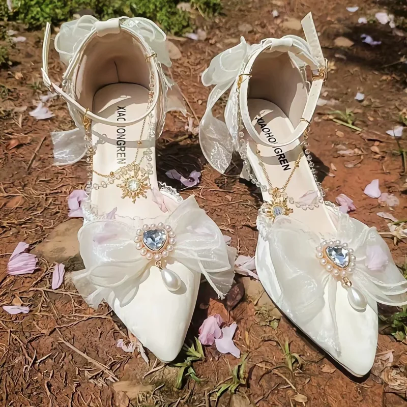 

Flower Marriage Lolita Handmade High Heels Female Pointed Point Original Bow Lolita Sandals Female Cos Star Picking Magic