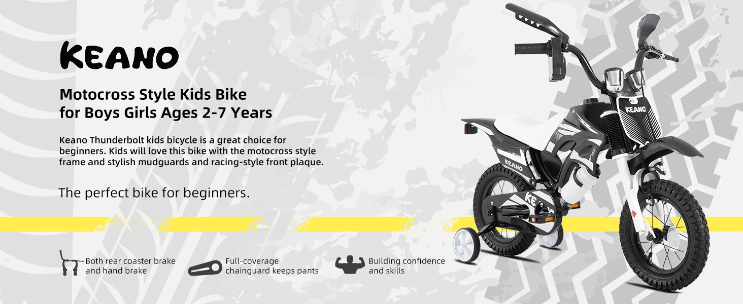 KEANO Motocross-Stil Kinderfahrrad für Jungen und Mädchen im Alter von 3-7 Jahren, 12 & 16 Zoll Fahrräder mit Stützrädern und Nummernschild – Detail 1