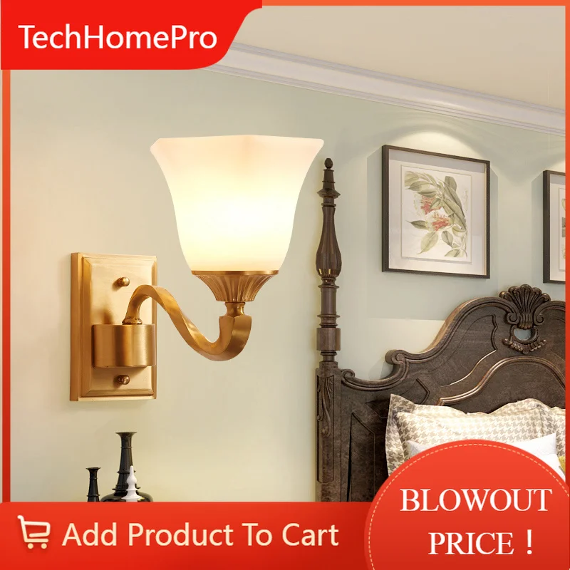 TechHPEuropean Style Wall Lamp Bedroom Bedside Lamp American Style Full Copper Living Room Background
