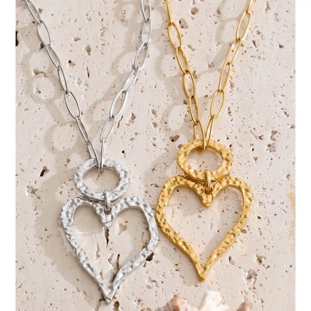 Yhpup Stainless Steel Hollow Heart Love Pendant Necklace 2026 Gold Color PVD Plated Charm Stylish Jewelry Textured Fashion Gift